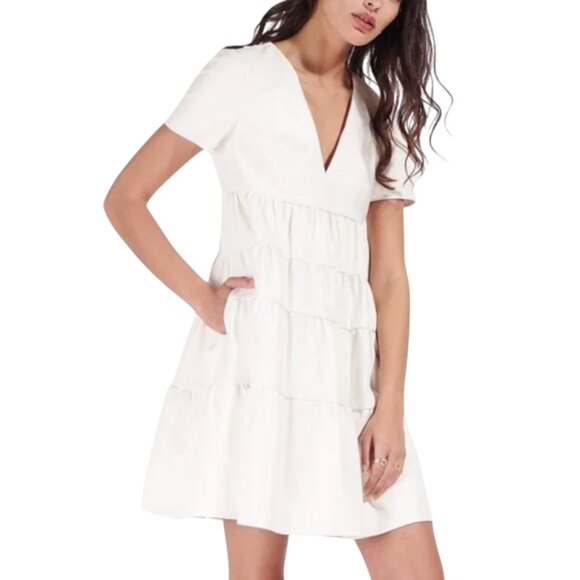 STAUD Vegan Leather Mini Cocoon Dress Womens Small Ivory V-Neck Short Sleeve - Picture 11 of 11